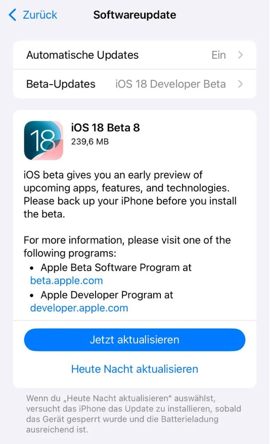 恩阳苹果手机维修分享苹果 iOS / iPadOS 18 开发者预览版 Beta 8 发布 